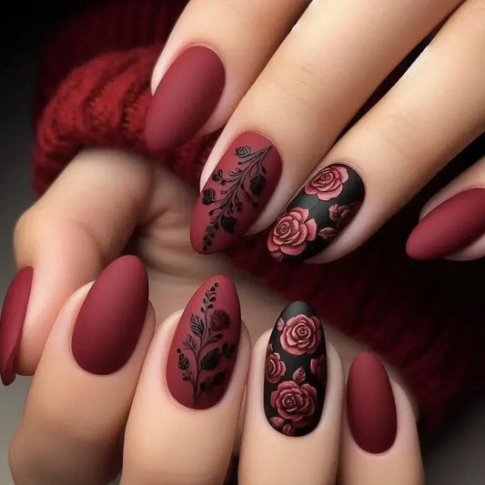 24pcs Fall Winter Matte Almond Rose Leaf Simple Full Cover Acrylic False Nails Press on with Glue