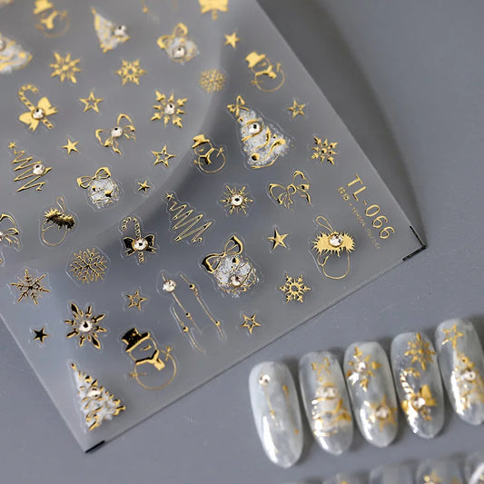 Gold Snowflake Bowknot Snowman 3D Self Adhesive Rhinestone 5D Emboss Relief Christmas Nail Stickers