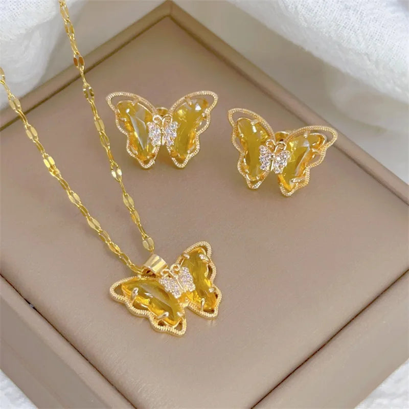 Fashion European American Cute Micro-inlaid Butterfly Necklace Earring Set Classic Light Luxury Gift