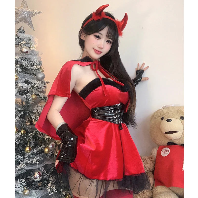 Halloween Little Devil Cosplay Uniform Nightclub Stage Velvet Dress Christmas Dress Girl