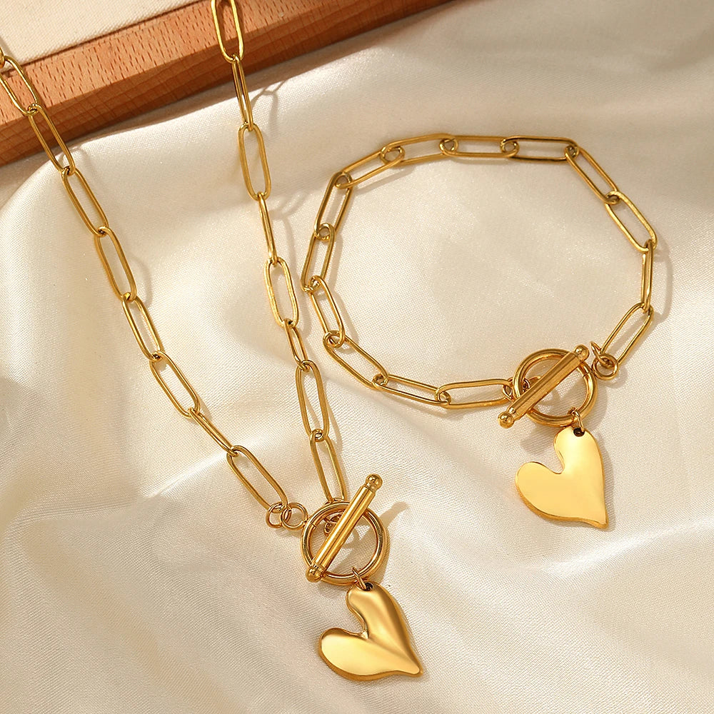 Fine Minimalist Single Chain Heart Charm Adjustable Gold Silver Women Necklace Bracelet Jewelry Set