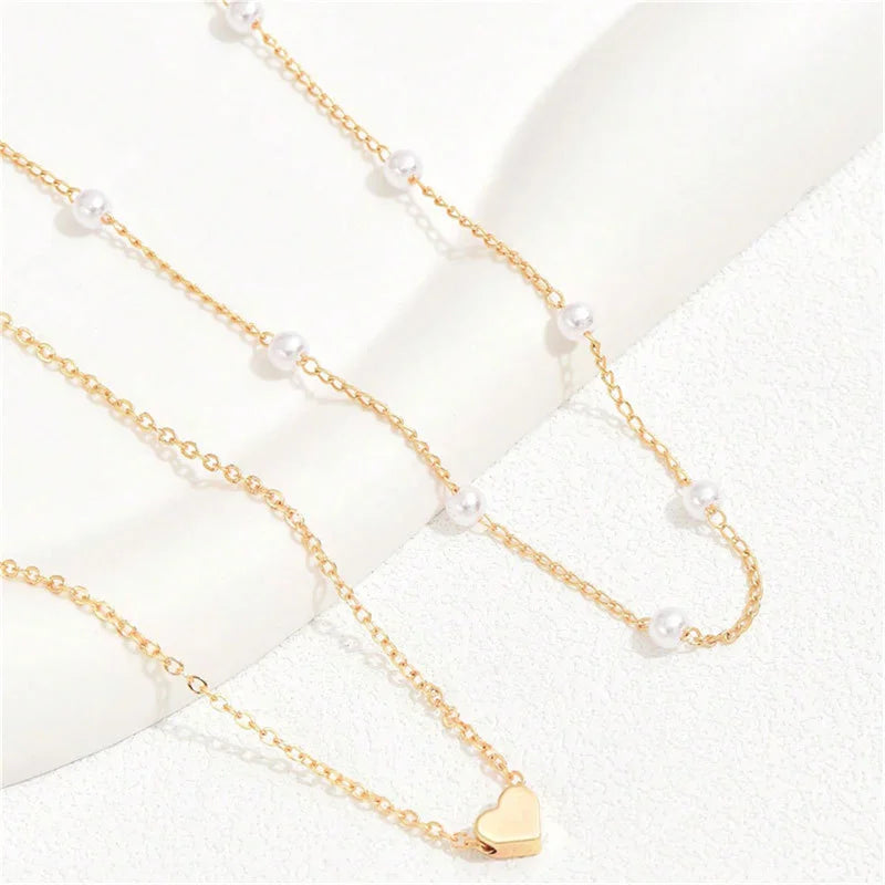 Simple Pearl Choker Women Fashion Double Layer Chain Small Love Heart Pendant Necklace Fall Jewelry