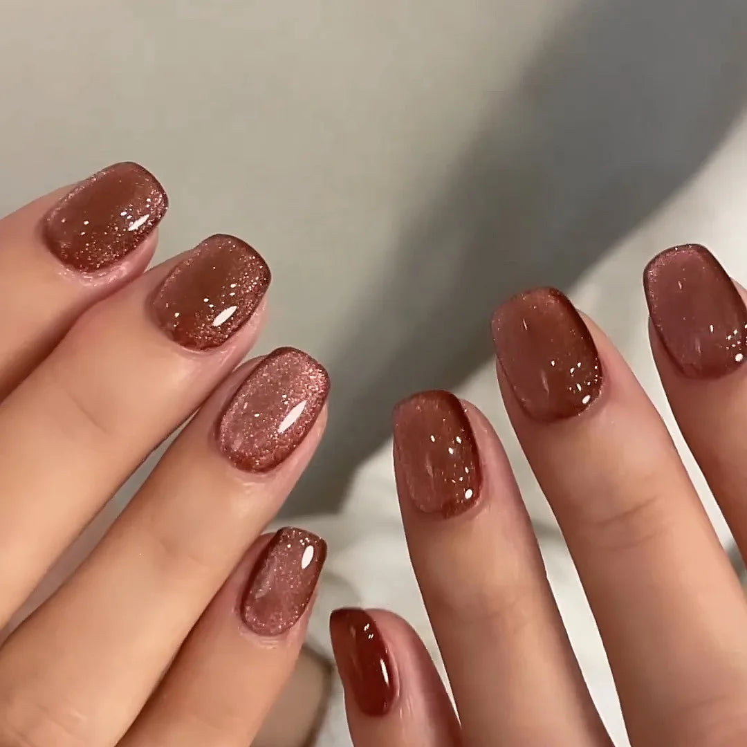24pcs Short Round French Sparkling Pearl Wavy Love Heart Full Cover Detachable False Press On Nails