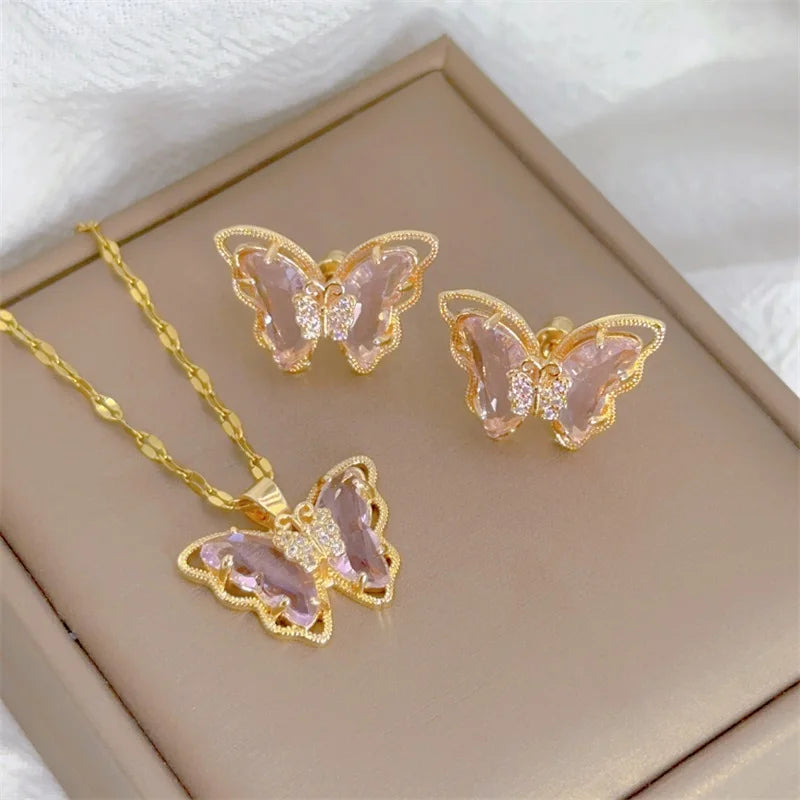 Fashion European American Cute Micro-inlaid Butterfly Necklace Earring Set Classic Light Luxury Gift