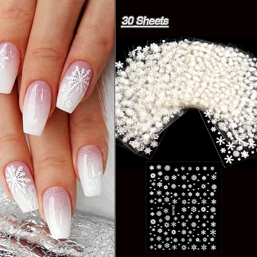 30 Sheets Christmas Nail Art Stickers Self Adhesive 3D White Snowflake Nail Decals Manicure Stickers