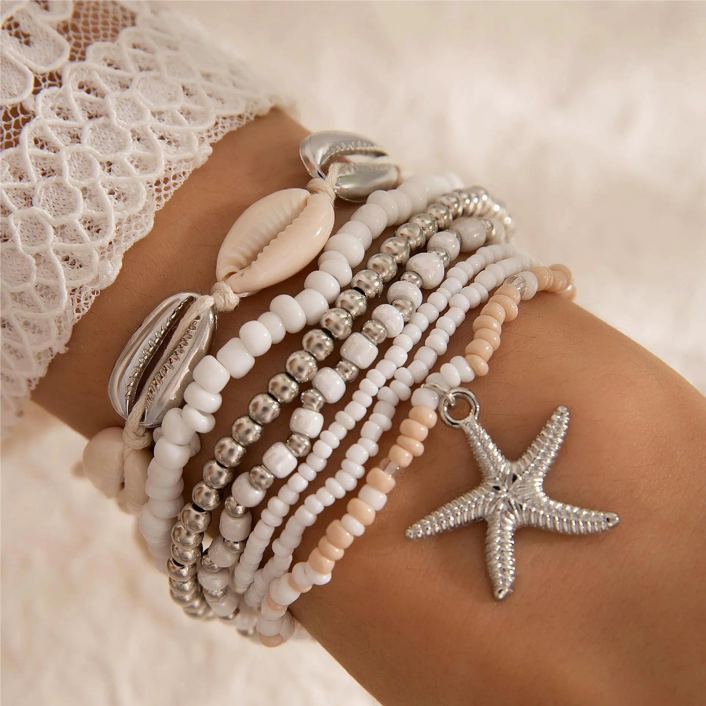 7pcs/Set Bohemia Shell Starfish Sand Beach Measle Multilayer Women Bracelet Set Jewelry Gift