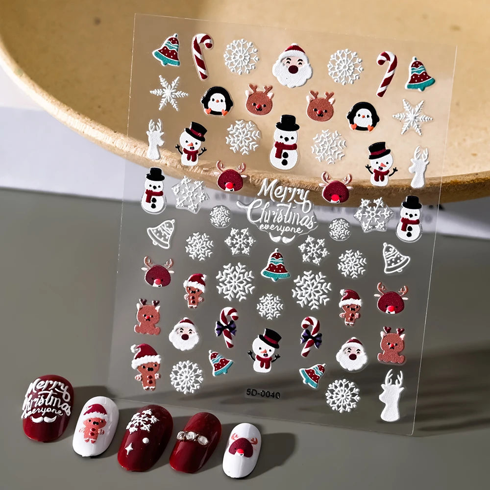 Christmas 8*10cm 5D Embossed Snowman Snowflakes Cartoon Santa Claus Elk Nail Art Stickers DIY Decal