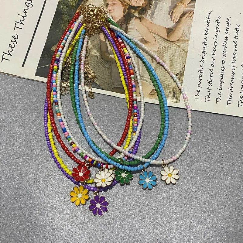 New Fashion Colorful Seed Beads Flower Pendant Collar Women Choker Necklace Jewelry Gift