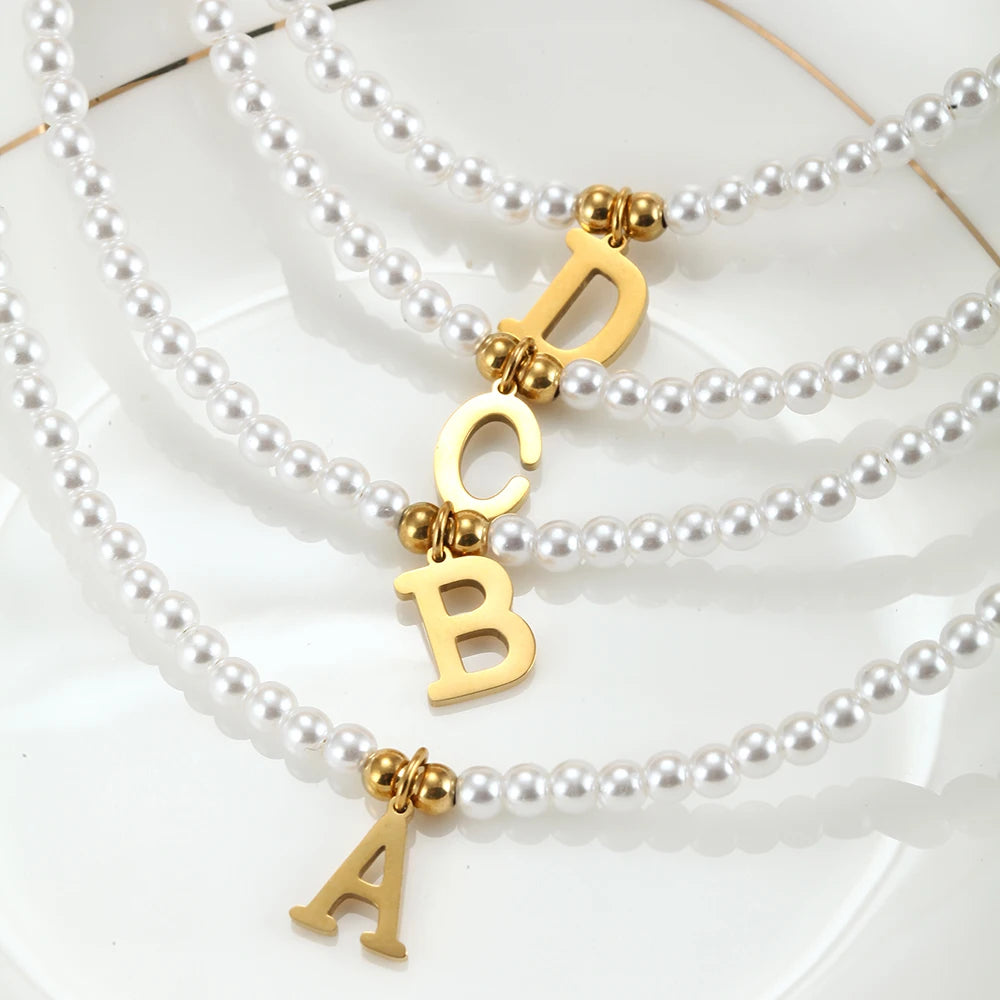 Stainless Steel Letters Initial Pendant DIY Name Simulated Pearls Bead Women Necklaces Choker Gift