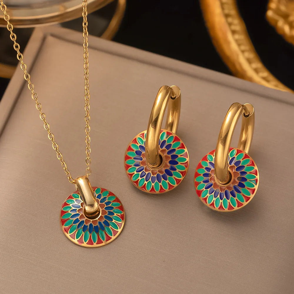 Non-Fading Vintage Painted Flower Pattern Pendant Necklace Earrings Jewelry Set Gold Women Gift