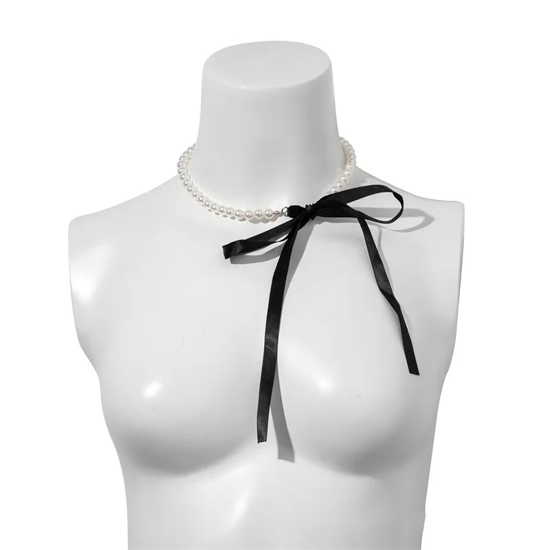 Romantic Imitation Pearl Beaded Fashion Black White Velvet Adjustable Bow Women Choker Necklace Gift