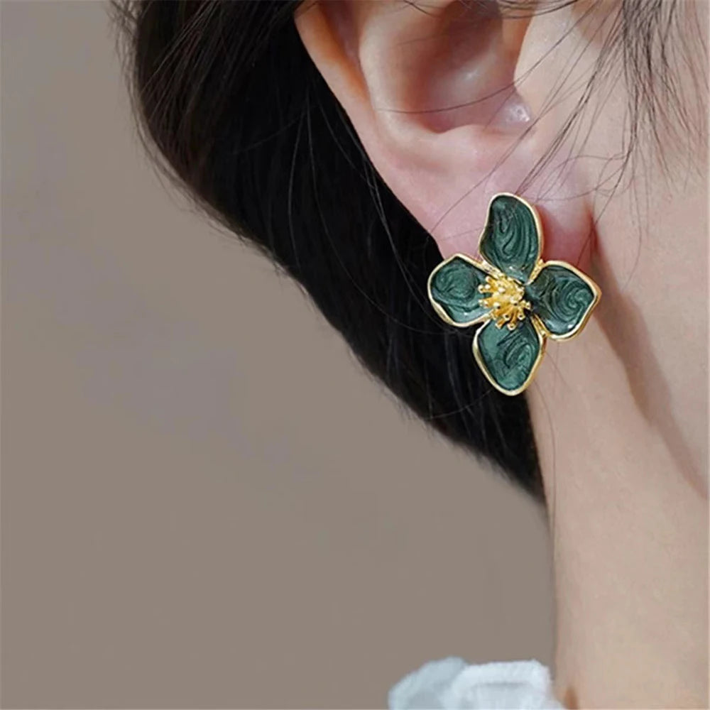 Hibiscus Dropped Glaze Flower Stud French Vintage Fashion Korean Gold Women Earrings Jewelry Gifts