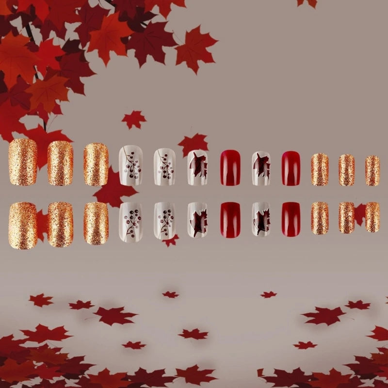 24pcs Maple Leaves Short Autumn Winter Fall Gold Red Full Cover Press On Nails False Nails