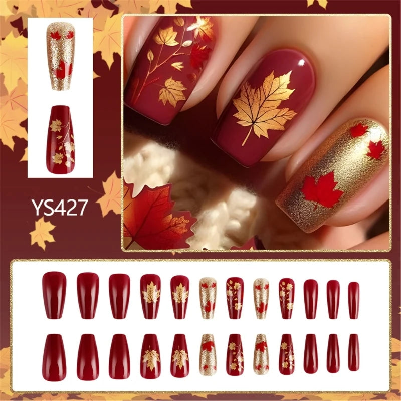 24pcs Short Square Maple Leaf Red Gold Fall Women Press on Nails