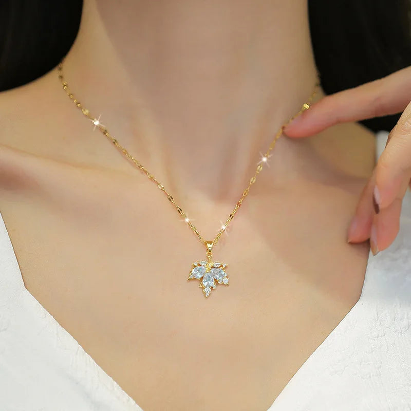 Luxury Shiny Zircon Maple Leaf Earring Necklace Jewelry Set Exquisite Titanium Steel Women Gift