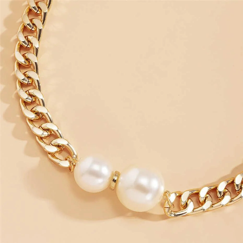 Korean Fashion Smooth Cuban Round Pearl Pendant Chain Gold Women Necklace Choker Jewelry Gift