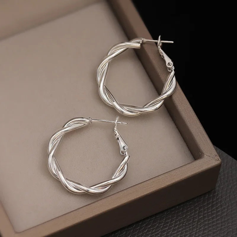 Simple Vintage Circle Round Minimalist Twisted C-shape Gold Silver Hoop Women Earrings Jewelry Gifts