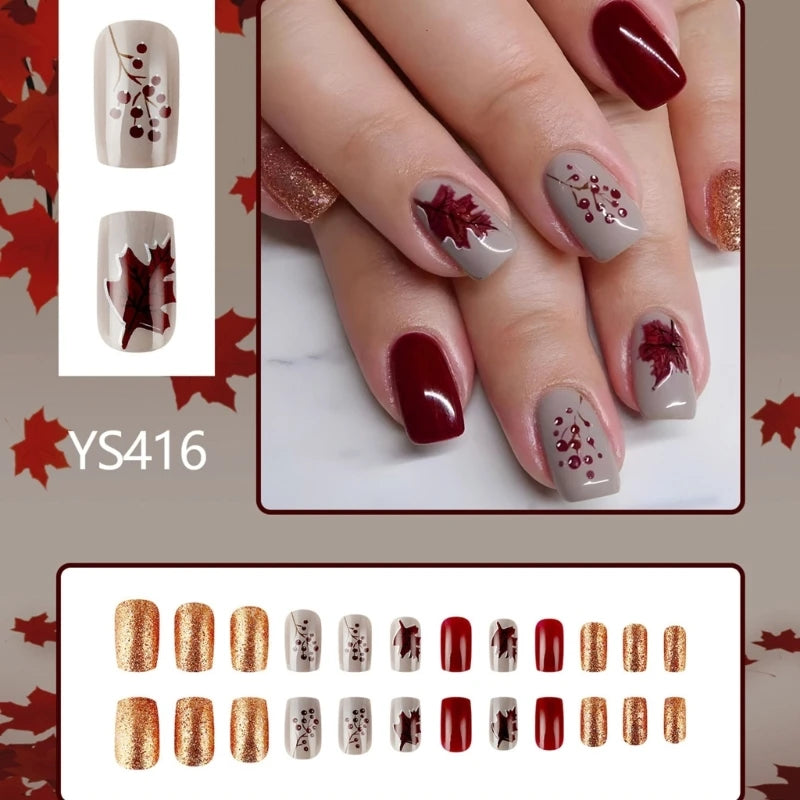 24pcs Maple Leaves Short Autumn Winter Fall Gold Red Full Cover Press On Nails False Nails