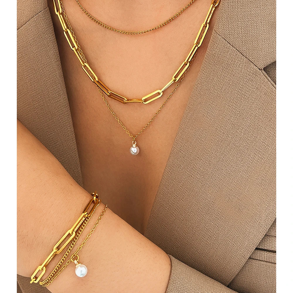 Elegant Delicate Pearl Pendant Luxury Multi-Layer Gold Silver Women Necklace Bracelet Jewelry Set