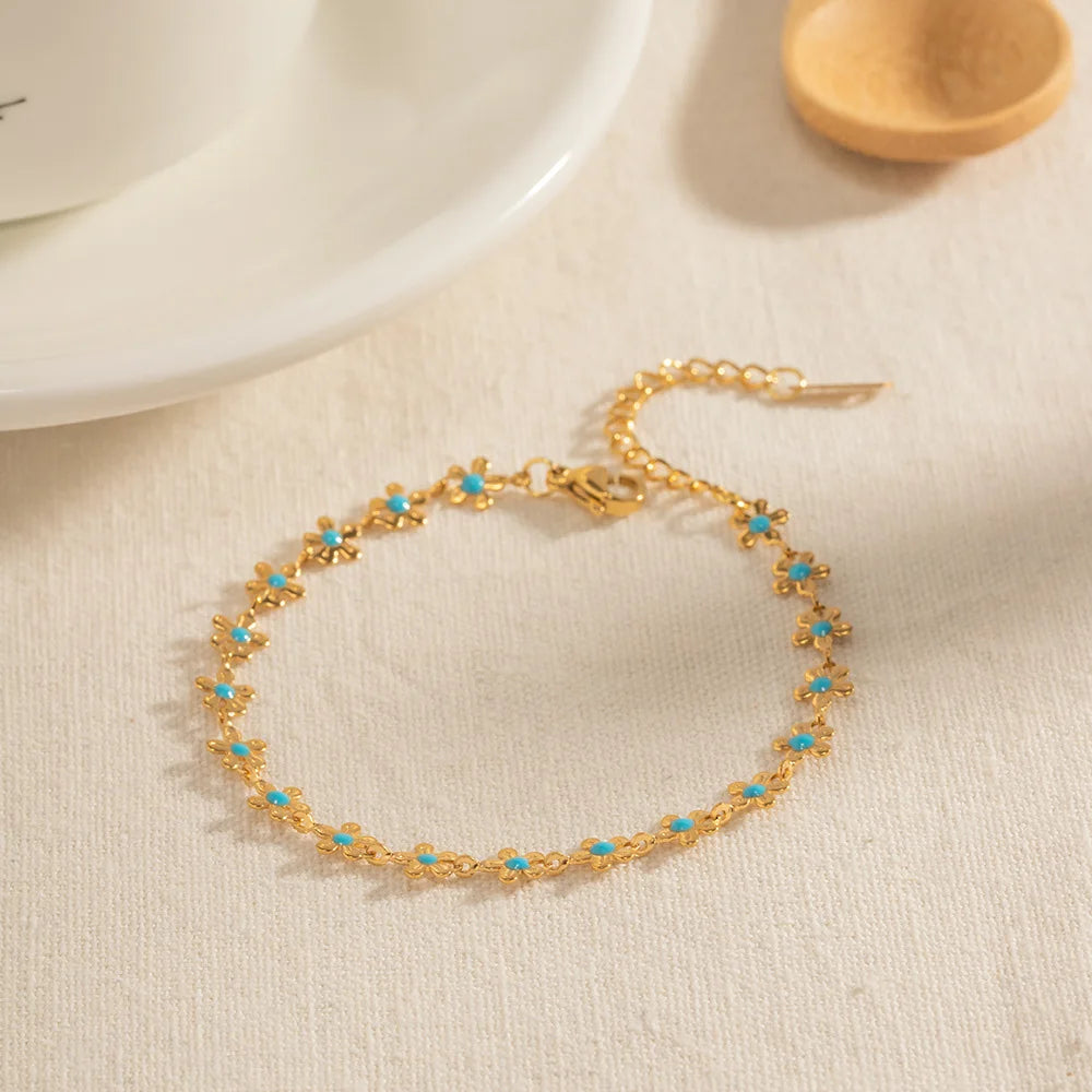 Gold Plated Necklace Bracelet Set Colorful Artificial Crystal Flower Chain Jewelry Set Women Gift