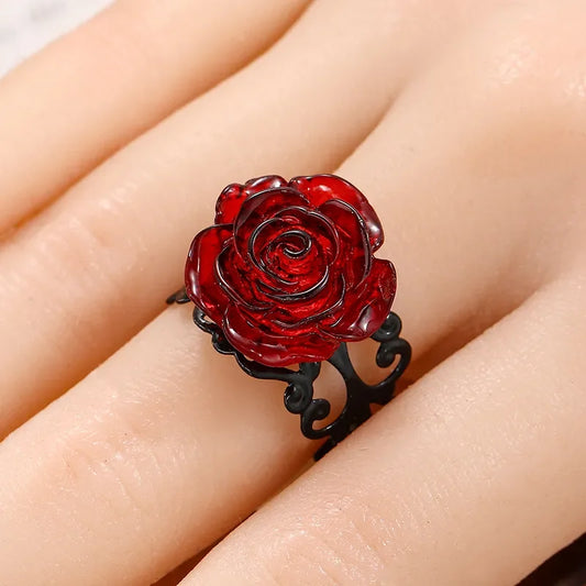 Punk Gothic Rose Adjustable Hollow Rings Women Witch Pagan Vintage Creative Halloween Fall Jewelry