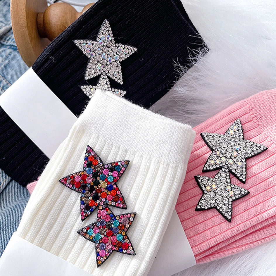 Fashion Star Rhinestone Glitter Harajuku Women Shiny Diamond Sparkly Winter Cotton Socks Stockings