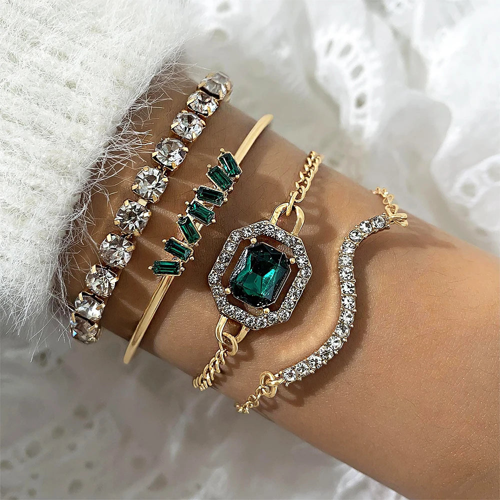 4pcs/Set Fashion Snake Imitation Gemstone Rhinestone Metal Women Bangle Bracelet Set Jewelry Gift