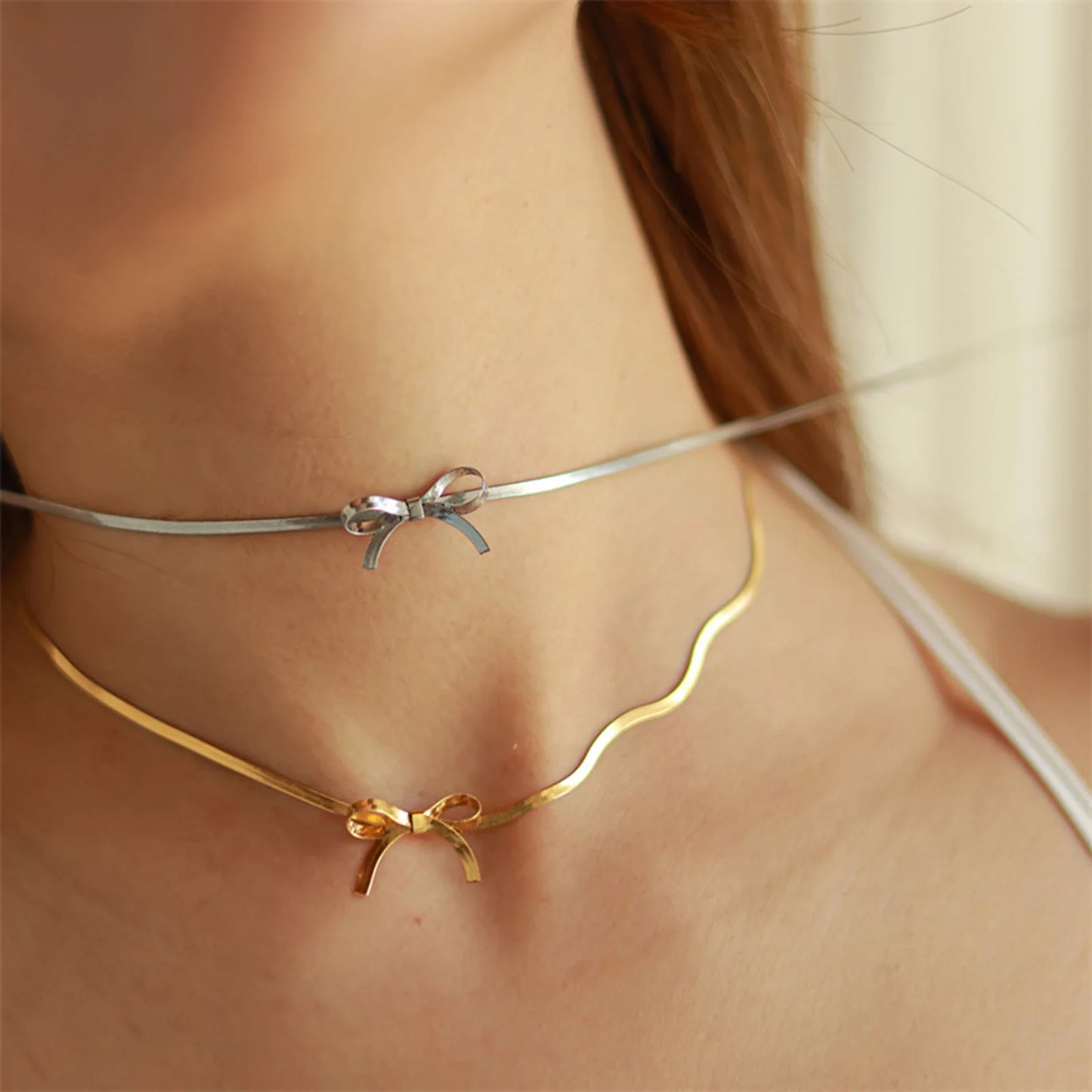 Bowknot Butterfly Bow Fashion Elegant Gold Silver Women Snake Chain Necklace Choker Jewelry Gifts