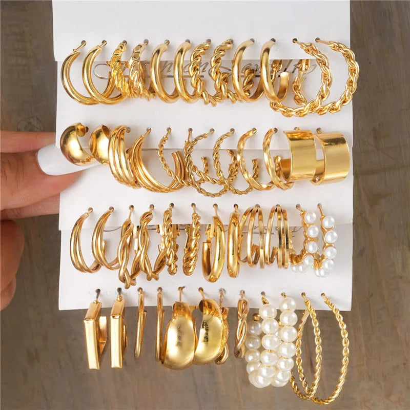 Boho Big Circle Hoop Earring Set Women Gold Vintage Pearl Earring Heart Zircon Ear Stud Jewelry Gift