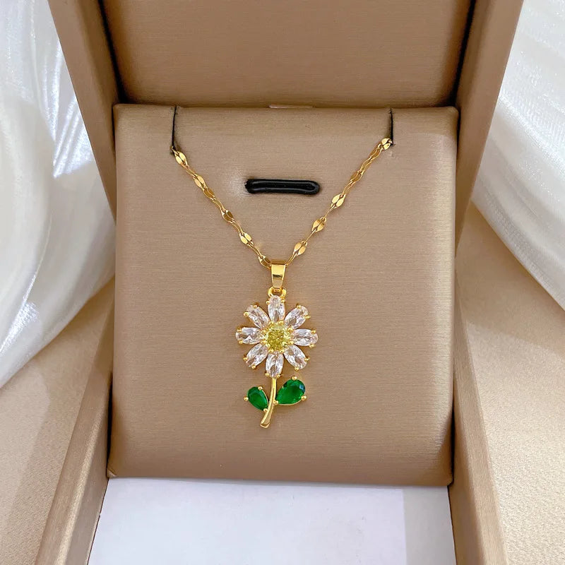 Classic Green Leaf Flower Necklace Earrings Set Light Luxury Sunflower Gold Jewelry Set Gift