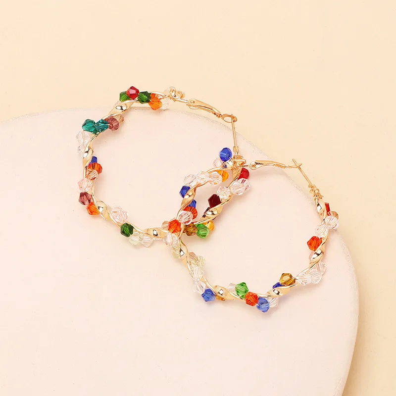 Bohemian Random Colorful Crystal New Fashion Big Round Circle Statement Gold Women Hoop Earrings