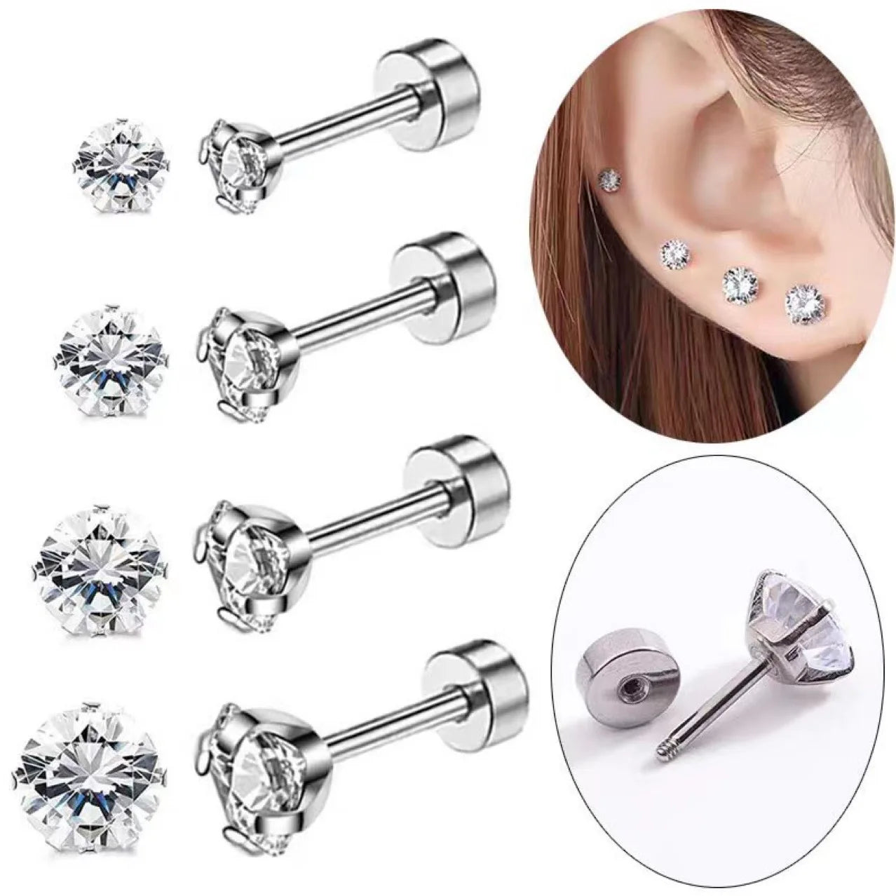 New Crystal Screw Back Stud Flat Punk Cool Clear Cubic Zirconia Tiny Piercing Women Men Earrings