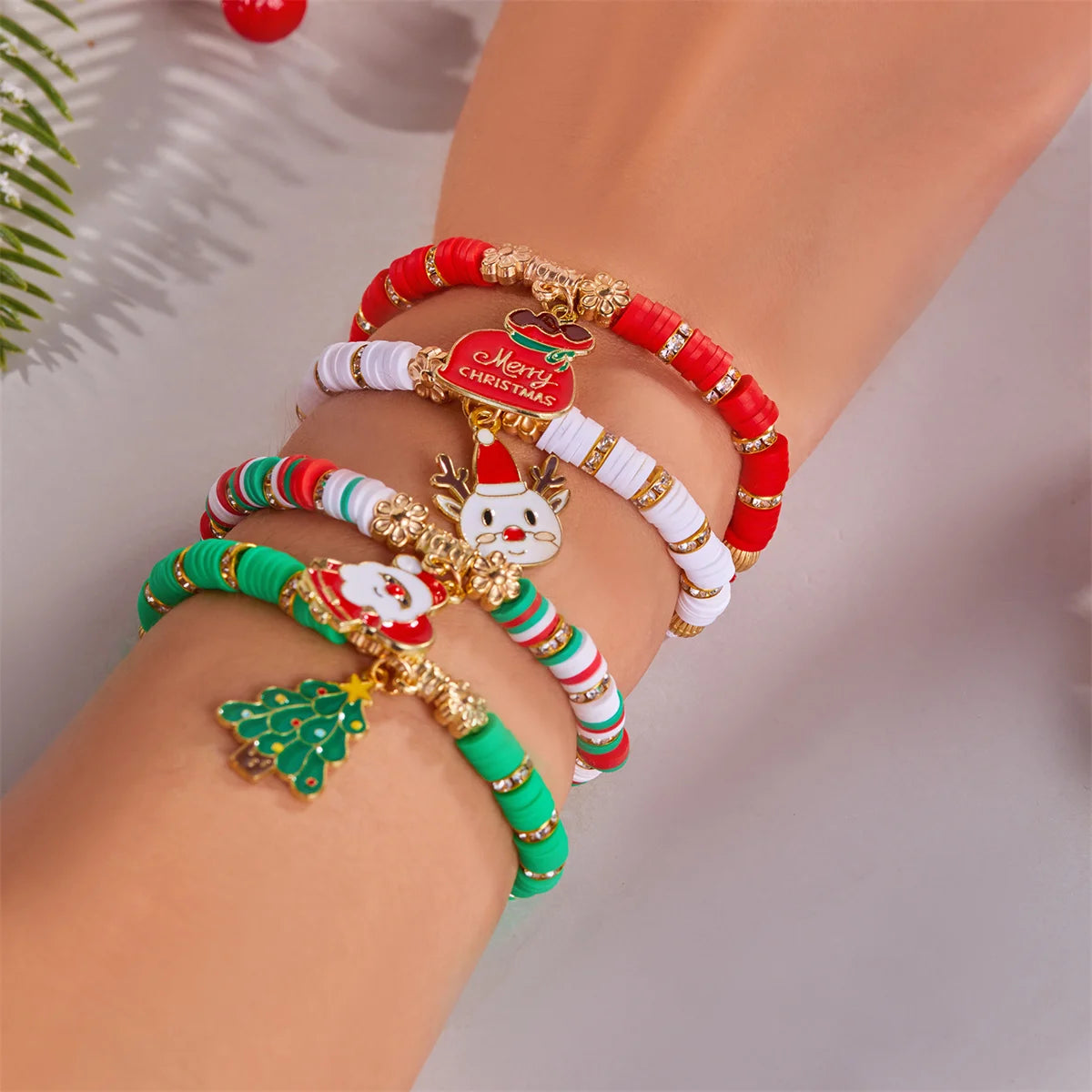 4pcs Merry Christmas Tree Santa Claus Deer Crystal Polymer Clay Beads Woven Women Bracelet Jewelry
