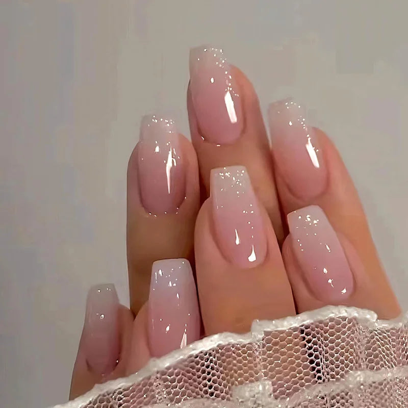 24pcs Casual Gradient Glitter Romantic Removable Full Coverage Pink Silver Women Press On Nails