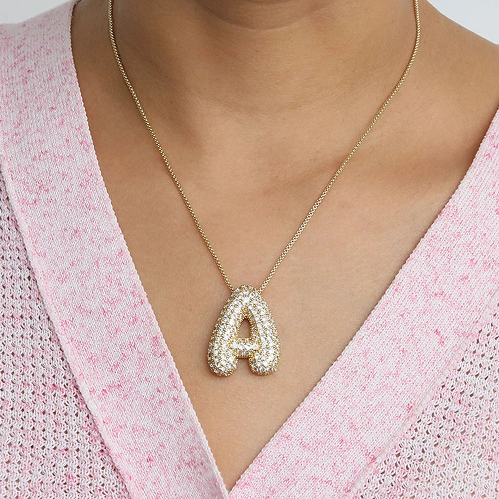 Sparkly Zircon A-Z Letter Initial Women Box Chain Gold Balloon Bubble Pendant Necklace Fall Jewelry