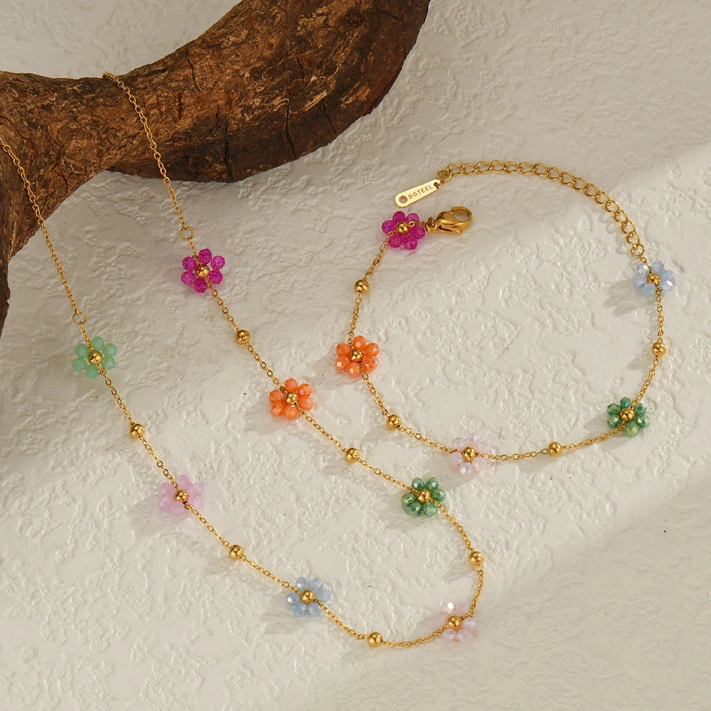 Gold Plated Necklace Bracelet Set Colorful Artificial Crystal Flower Chain Jewelry Set Women Gift