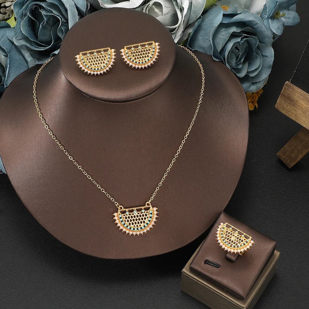 Hot Sale Sector-shaped Geometric Zircon Pendant Gold Women Necklace Earrings Ring Jewelry Set Gifts