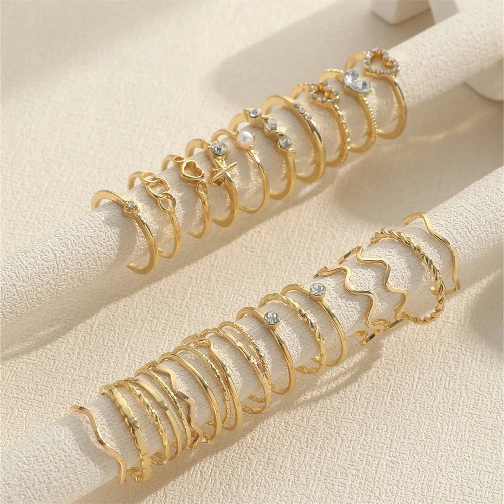 Fashion Simple Wave Joint Crystal Heart Shape Gold Silver Female Women Rings Set Party Jewelry Gifts