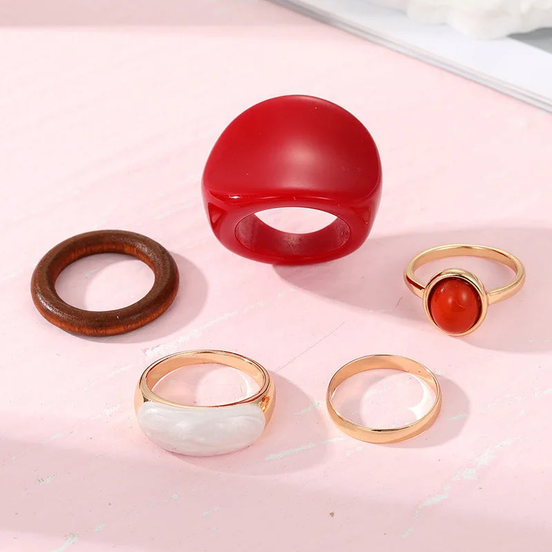 Retro Geometric Red Green Brown Resin Pink Enamel Gold Woman Rings Set Jewelry Gifts