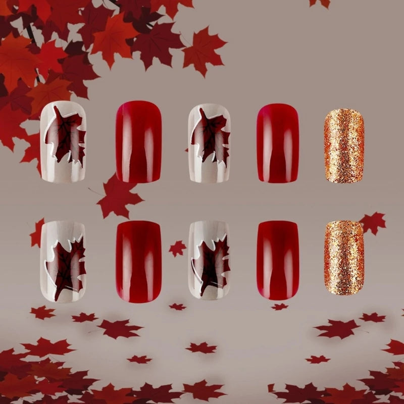 24pcs Maple Leaves Short Autumn Winter Fall Gold Red Full Cover Press On Nails False Nails