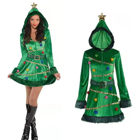 Christmas Tree Fancy Green Long Sleeve Hooded Dress with Belt Sexy Party Women Costume Dress Cosplay