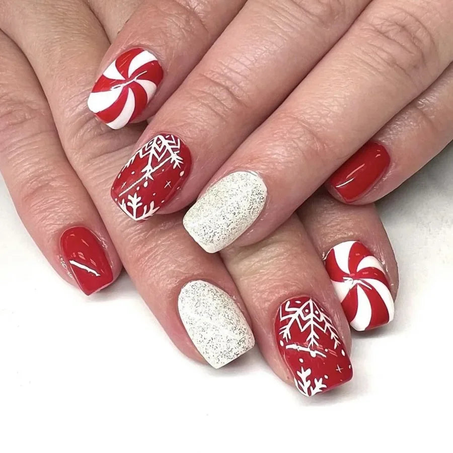 Christmas Short Square Nail Holiday Elements Art Santa Snowflake Pattern Removable Press-On Nail Set