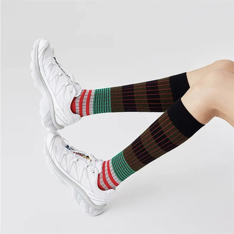 Autumn Winter Gradient Striped Colorful Retro Cotton Women High Tube Soft Sport Casual Calf Socks