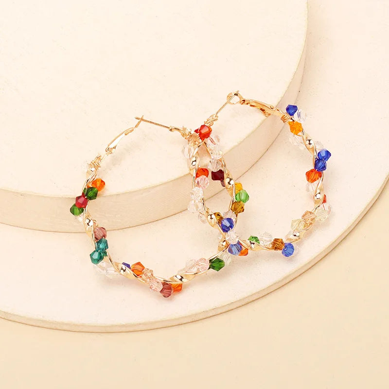 Bohemian Random Colorful Crystal New Fashion Big Round Circle Statement Gold Women Hoop Earrings