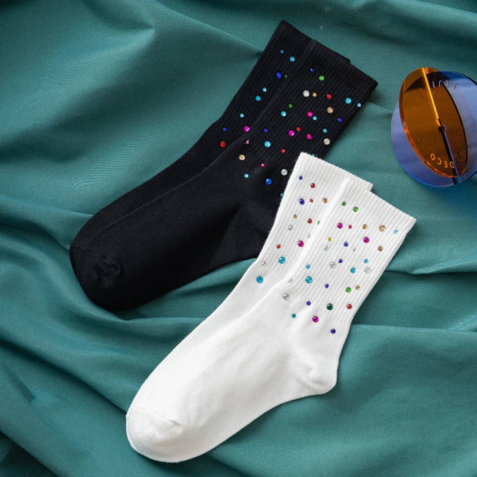 Autumn Winter Fall Fashion Glitter Diamond Rhinestone Harajuku Loose Midtube Cotton Women Socks