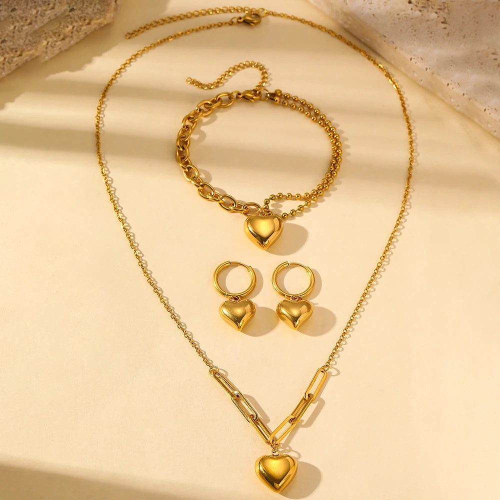 Hanging Heart Design Atmosphere Light Luxury Gold Silver Women Bracelet Necklace Earring Jewelry Set