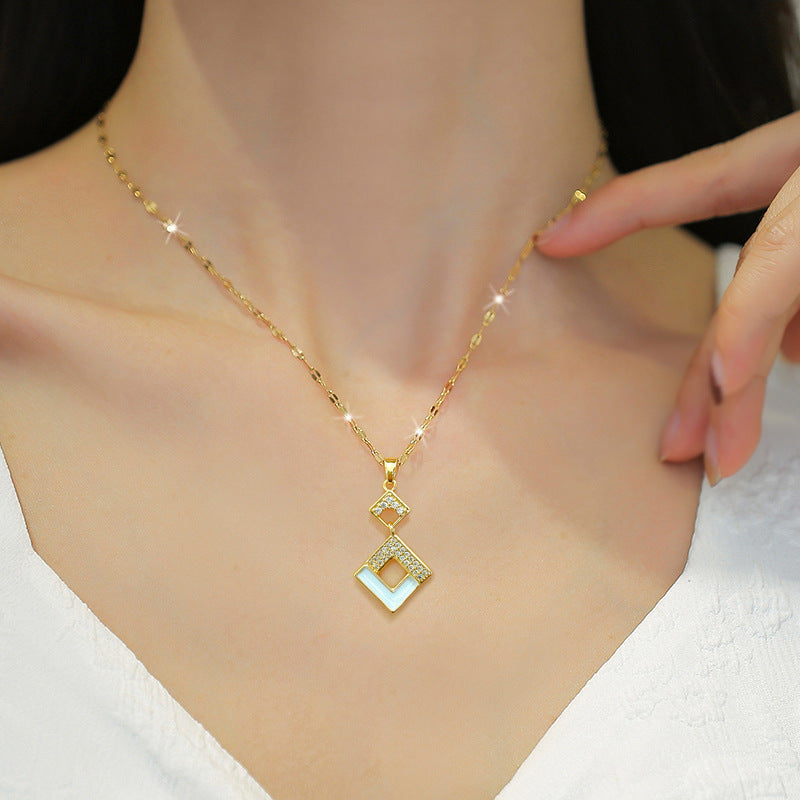 Crystal Enamel Square Pendant Gold Women Necklace Earring Jewelry Set Gift