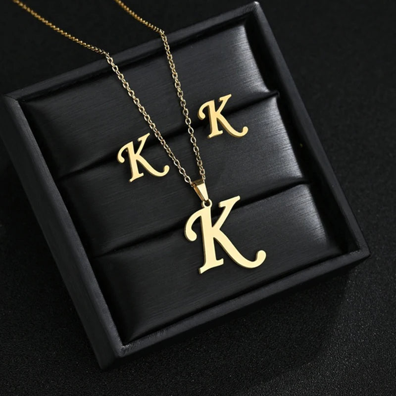 Alphabet Initial 26 English Letter Personalized Gold Silver Women Earrings Necklace Jewelry Set Gift