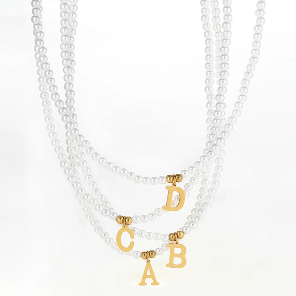 Stainless Steel Letters Initial Pendant DIY Name Simulated Pearls Bead Women Necklaces Choker Gift