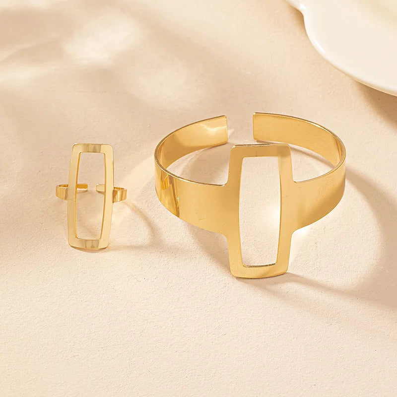 2Pcs/Set Trendy Minimalist Geometric Square Jewelry Hollowed Out Ring Bracelet Jewelry Set Gift